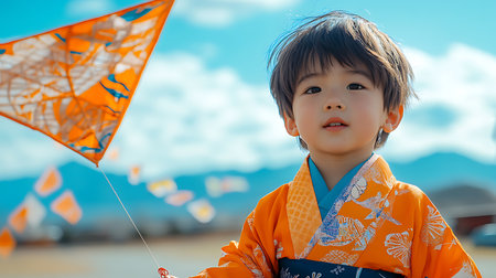 Generative AI Image of Chinese Little Boy Playing Kite in Spring Festival with Mountain Viewの素材