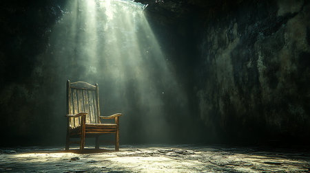 Generative AI Image of Wooden Chair in Room with Wooden Floor and Sunlight with Black Backgroundの素材