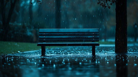 Generative AI Image of Wooden Bench in Park with Trees and Misty Fog at Rainの素材