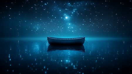 Generative AI Image of Boat Floating on Lake with Blue Sky and Stars Light at Nightの素材