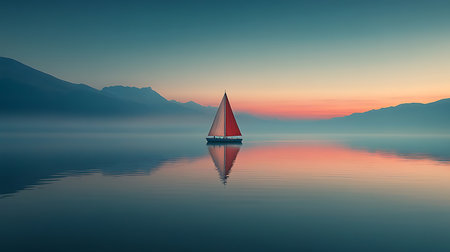 Generative AI Image of Sailboat Floating on Sea with Clouds and Mountain View at Sunriseの素材
