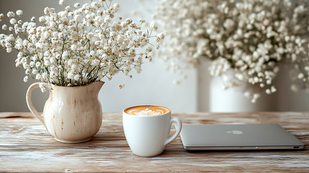 Generative AI Image of Minimalist Workspace with Laptop on Wooden Table and Mug with Flowersの素材