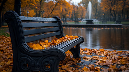 Generative AI Image of Wooden Bench in Pool in Autumn with Foliage and Treesの素材