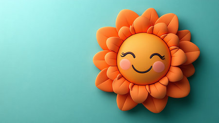 Generative AI Image of Cute Sun Sunflower with Happy Expression and Empty Space on Blue Backgroundの素材
