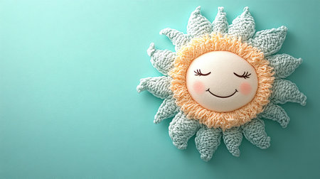 Generative AI Image of Happy Cute Sun Knitted Craft with Empty Space on Blue Backgroundの素材