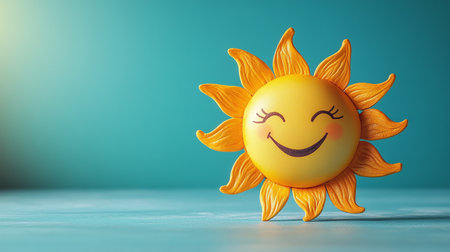 Generative AI Image of Cute Sun with Happy Smile Expression and Empty Space on Blue Backgroundの素材