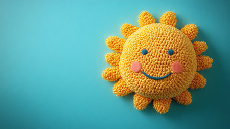 Generative AI Image of Happy Cute Sun Knitted Craft with Empty Space on Blue Backgroundの素材
