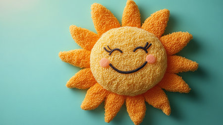 Generative AI Image of Cute Sun with Happy Smile Expression and Empty Space on Blue Backgroundの素材