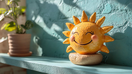 Generative AI Image of Cute Sun with Happy Expression on Blue Wall Backgroundの素材