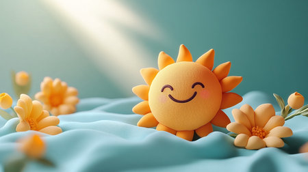 Generative AI Image of Happy Cute Sun Sunflower with Flower and Wavesの素材