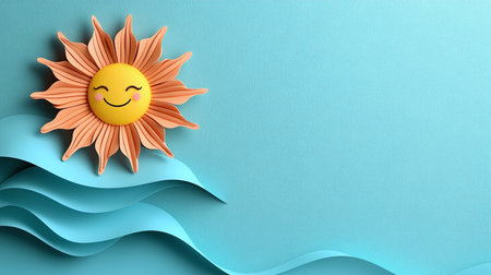 Generative AI Image of Cute Sun with Happy Smile Expression and Empty Space on Blue Backgroundの素材