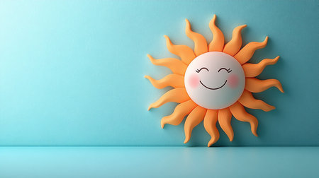 Generative AI Image of Cute Sun with Happy Smile Expression and Empty Space on Blue Backgroundの素材