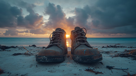 Generative AI Image of A Pair of Both Shoes in a Beach Landscape with Sunset Sunriseの素材