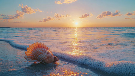 Generative AI Image of Sea Shell on the Beach Nature Landscape with Ocean Waves at Sunset Sunriseの素材