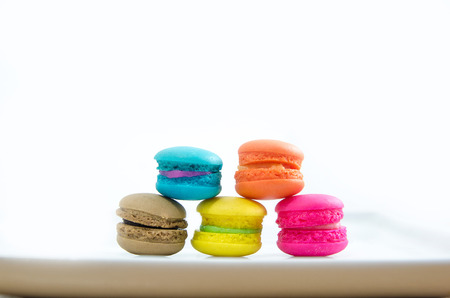Tasty colorful macaroon on white backgroundの写真素材