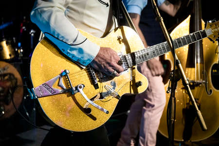 Gretsch guitar and an upright double bass being layed by a rockabilly band.の写真素材