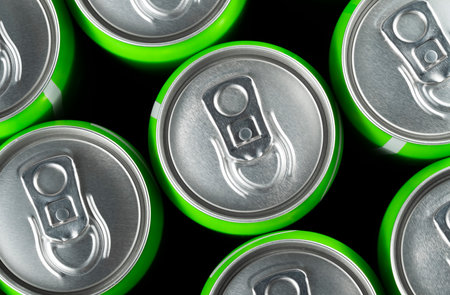 Macro of metal cans with refreshing drinksの写真素材
