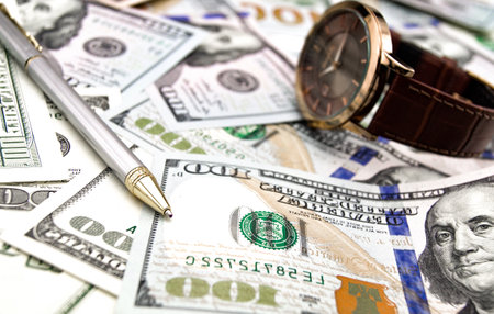 many money, notes, clock, pen