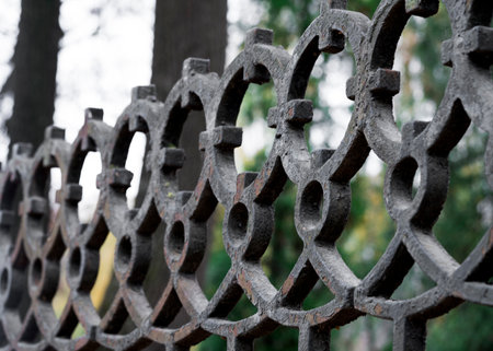 Old rusty forged fence, close upの写真素材