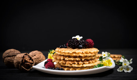 fresh viennese waffles with berries on blank backgroundの写真素材