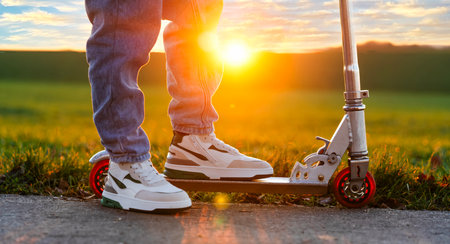 Legs of a young man standing on a scooter at sunsetの写真素材
