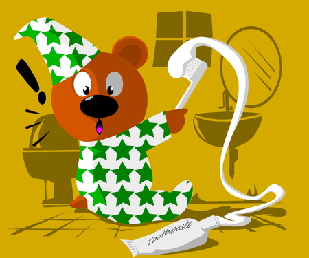 Bear in pajamas is spreading toothpasteのイラスト素材