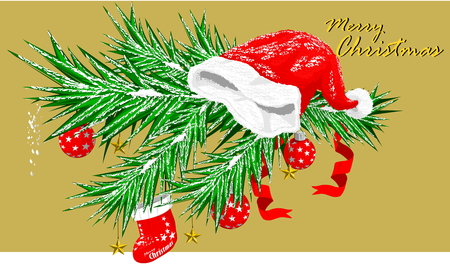 Christmas Background, Santa's hat on christmas treeのイラスト素材