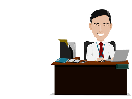 isolate happy salaryman is working on his desk. He's felling happy whith his workのイラスト素材