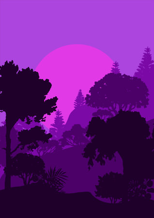 Silhouette of trees and sunset on purple background, vector illustrationのイラスト素材