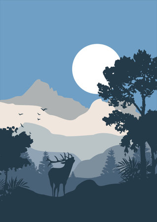 Silhouette of deer in the forest. Vector illustration. EPS10のイラスト素材