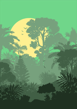 Tropical forest with palm trees and full moon. Vector illustration.のイラスト素材