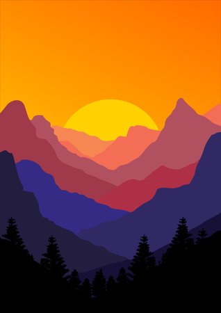 Mountain landscape at sunset. Vector illustration in flat style. EPS10のイラスト素材