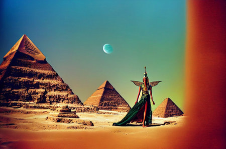 Beautiful Pharoah Queen stands in Egyptian pyramids in Giza, Cairo, Egypt. Retro styleの素材