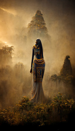 Beautiful Nefertari woman on a foggy morning in the jungleの素材