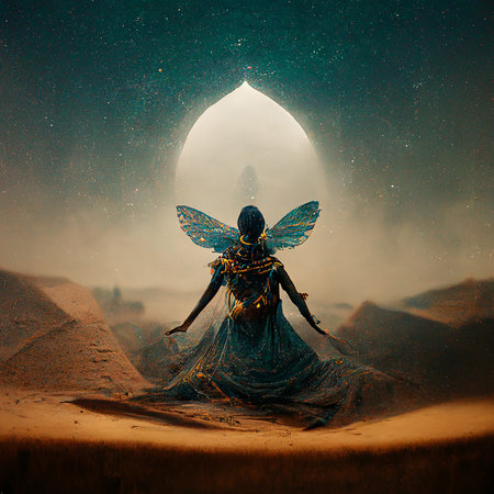 Fantasy image of a fairy flying in the desert. 3d renderingの素材