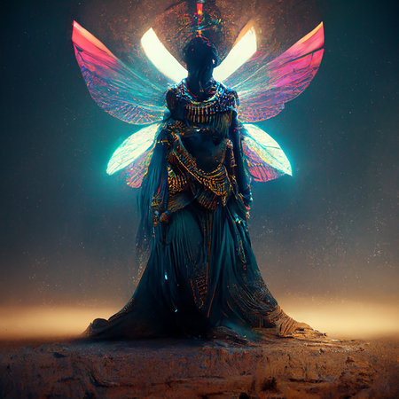 Fairy in the desert with neon lights. Fantasy. Egyptian pharaoh.の素材