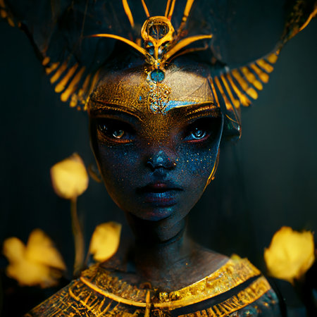 Portrait of a beautiful african woman with creative make-up and golden Egyptian Pharoas crownの素材