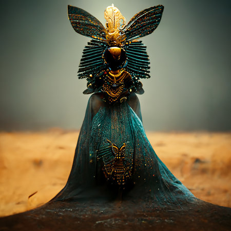 3d rendering of a fantasy Egyptian pharaoh queen in a blue dress with a golden butterflyの素材