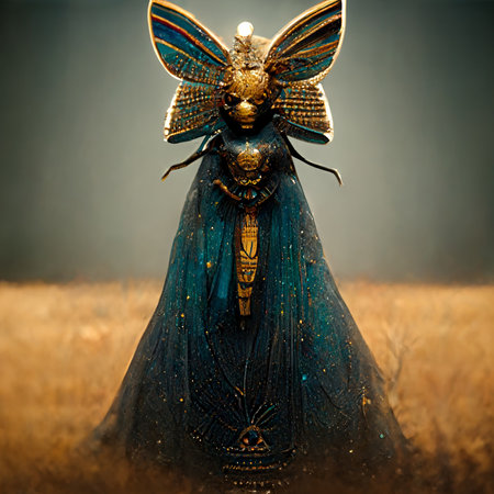 Mysterious fairy tale creature in a dark blue dress. Fantasy concept. Egyptian Pharoahの素材