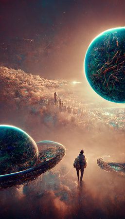 Fantasy landscape with planet and astronaut in space. 3D renderingの素材