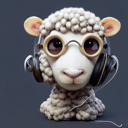 Sheep listening to music with headphones. Isolated on gray background.の素材