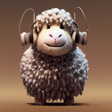 Sheep listening to music with headphones on brown background. 3d illustrationの素材