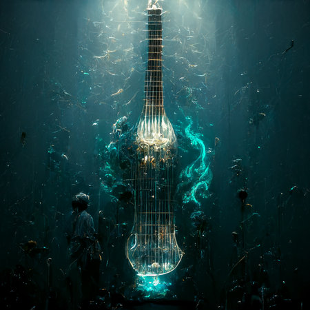 Electric guitar in flames in water. Music concept. 3D Renderingの素材