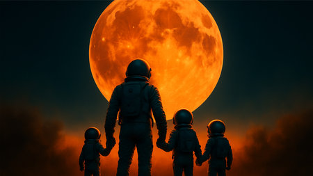Astronaut and his team against the background of the full moon
