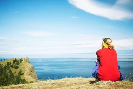 The woman looking at a beautiful landscapeの写真素材