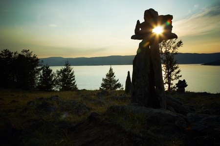 Stone landscape against a decline lake Baikalの写真素材