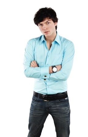 Closeup portrait of a handsome young sexual man smiling against white backgroundの写真素材