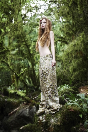 Portrait of romantic woman in fairy forestの写真素材