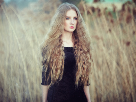 Beautiful woman on summer field. Photo on sunny day. Girl on natureの写真素材