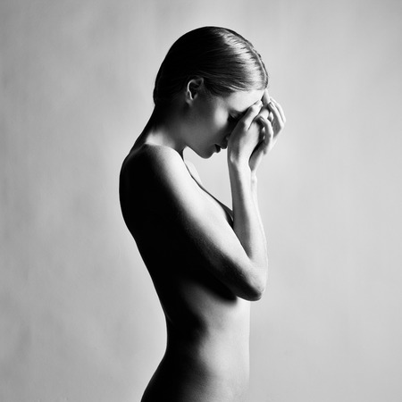 Fashion photo of beautiful nude woman. Black and white photographyの写真素材